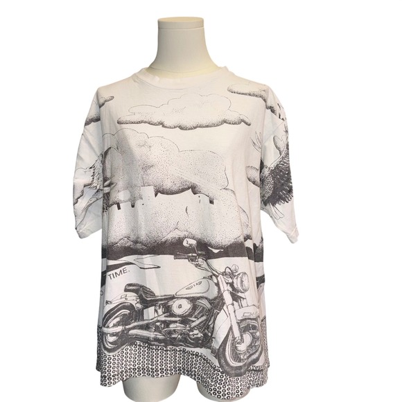 Vintage Other - Vintage 90s All Over Print Eagle Motorcycle T-Shirt Single Stitch White 22x26
